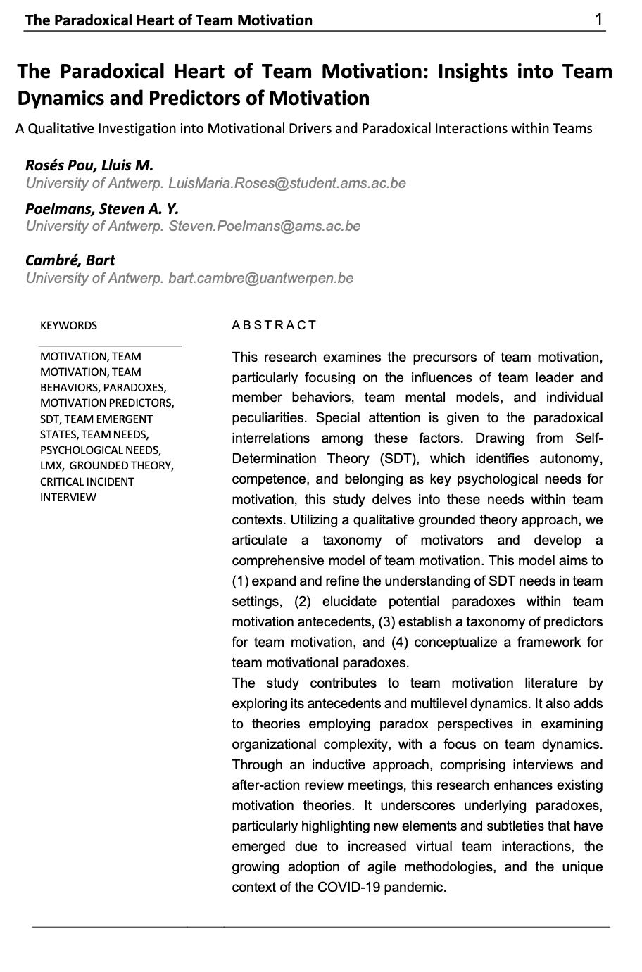 The Paradoxical Heart of Team Motivation Scientific Paper 1